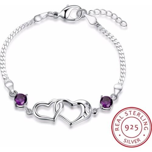 Lekani 925 Sterling Silver Double Heart Charm Bracelet For Women Fine Jewelry Purple Zirconia Pulseras Wedding Gift
