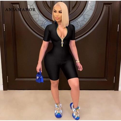 ANJAMANOR Sexy Jumpsuit Women Summer Rompers Shorts Active Wear Athleisure Zipper Bodycon Playsuit One Piece Outfit D36-BH23