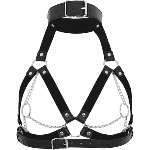 Goth Womens PU Leather Harness Cage Bralette Strap Adjustable Buckles O-Rings Metal Chain Tassel Chest Belt Steampunk Belt