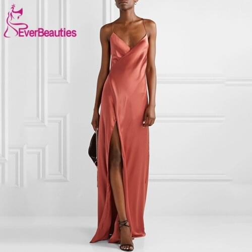 Robe Demoiselle D'Honneur Cheap Sheath Bridesmaid Dresses Long 2020 V-Neck Satin Spaghetti Straps Side Slit Vestido De Festa
