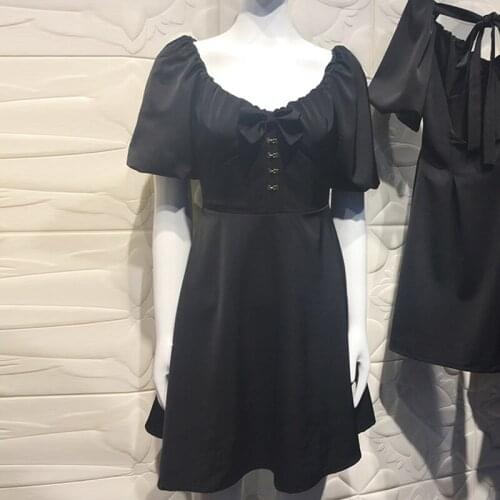 Women Short Sleeve Bandage Summer Dress Square Collar Bow Backless High Waist Black Mini French Dress Top Quality