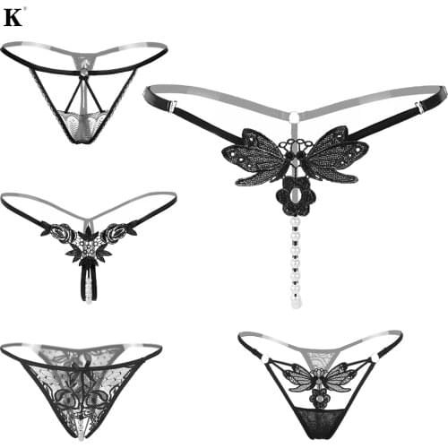 Women Sexy Underwear Panties Female Massage Pearl Lingerie G-stings Hollow Thong Young Girls Hot Embroidery Lace T-back Panties