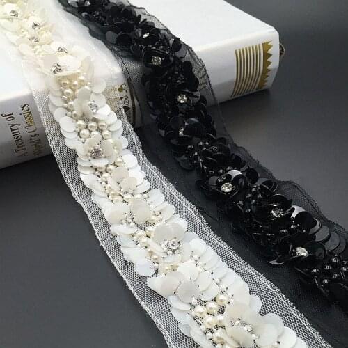 2Yards Three-Dimensional Flower Appliques Mesh Hand-Beaded Sequin Lace Heavy Industry Beaded Lace Clothing Diy Accessories