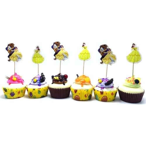 24pcs/lot Events Decorate Beauty and Beast Cupcake Toppers with Sticks Baby Shower Girls Kids Favors Birthday Party Cake Topper