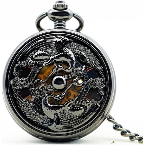 5pcs/lot Fashion Hand Wind Silver Double Cranes Hollow Skeleton Steampunk Design Mechanical Pocket Watch For Men Women PJX1146