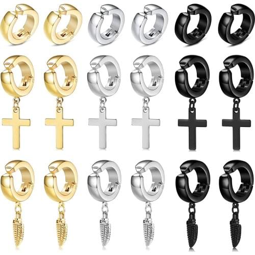 9 Pairs Stainless Steel Cross Clip Earring for Women Men No Piercing Hoop Earring Cross Feather Hinged Earring Set