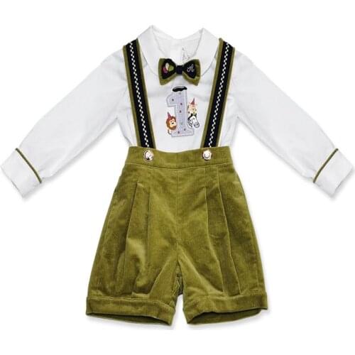 Baby boys birthday party bow white cotton shirt+green Corduroy overalls two piece sets Spanish