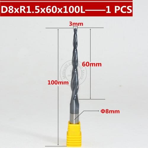 Free shipping-1PCS R1.5*D8*60*100L*2F HRC55 Tungsten solid carbide Coated Tapered Ball Nose End Mill taper and cone end mills