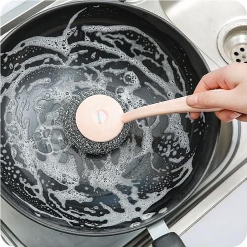 Household decontamination long handle wire washing pot brush E444 kitchen stainless steel cleaning sink stove cleaning brush