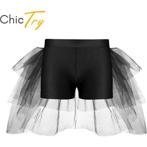 ChicTry Kids Girls Ballet Shorts with Tiered Mesh Tutu Dance Costume Children Gymnastics Shorts Stage Performance Dance Wear