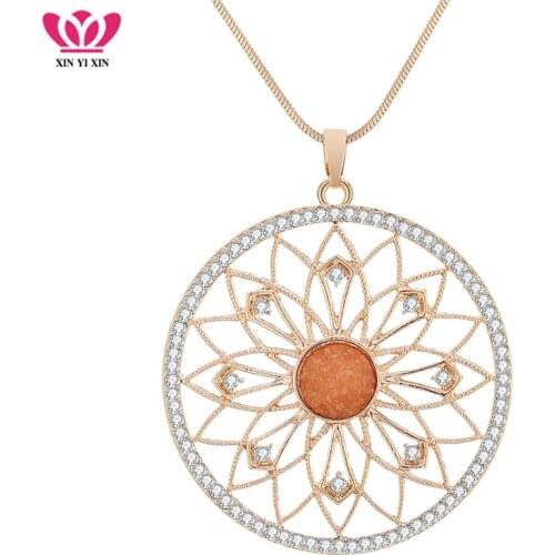 Ethnic Big Gold Round Pendant Necklace for Women Vintage Hollow Flower Pattern Crystal Long Necklace Red Stone Fashion Jewelry