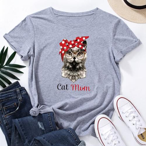 Womens Graphic Tees Cotton Short Sleeve Crew Neck Loose T Shirt Plus Size Tops Female Summer Casual Clothes Cat Mom with Bow