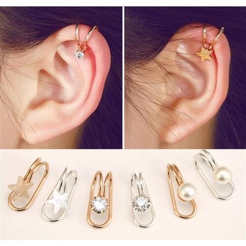 Ear Cuff U Star Moon Earring Punk Minimalist Women Metal Buckle Fake Piercing Ear Clip Without Puncture Pearl Earrings