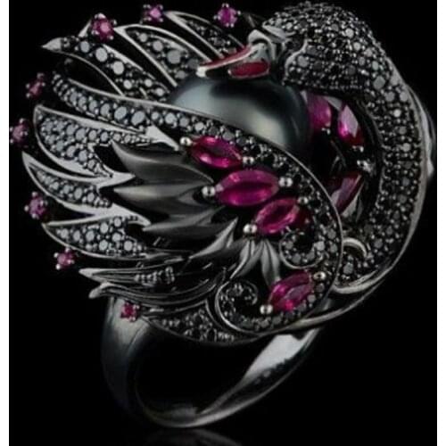 Classic Exquisite Black Swan Pearl Wedding Ring Engagement Rings for Women Girl Fashion Party Female Jewelry Gifts Accessories