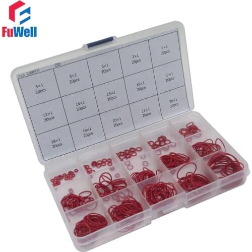 300pcs Red Silicon O Ring Seal Gasket Kit 1mm Thickness 15 Different Sizes O-ring Sealing Assortment Set with Plastic Case