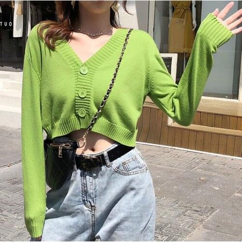Spring Autumn High Waist Short Crop Top Women Solid Sweater Knitted Long Sleeve Sweater Female Korean All-match Womens Clothing