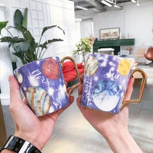 Creative fantasy starry coffee mug,Exquisite planet drawing gold ceramic cup light luxury wedding mugs Drinkware Gift