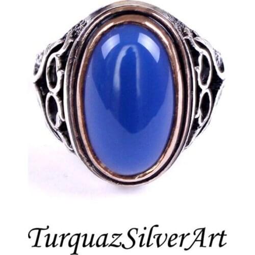 Mans 925 Sax Blue Oval Cut Agate Ring, Handmade 925 Silver Ring, Silver Handmade Ring for Man