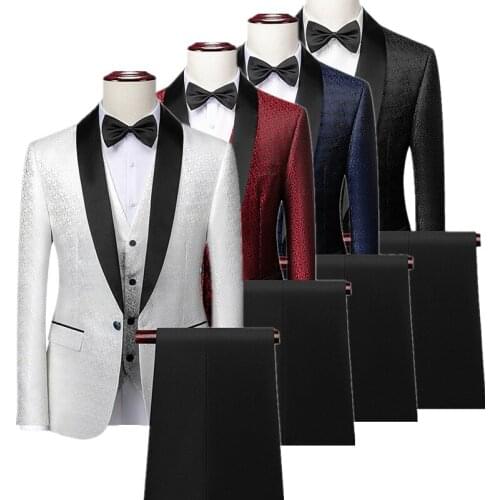 Brand Mens Wedding Suits White Jacquard with Black Satin Collar Tuxedo3 Pcs Groom Terno Suits for Men (Jacket+Vest+Pants)