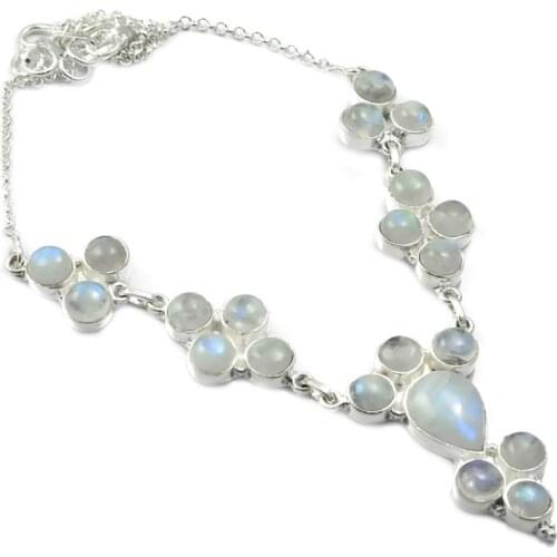 NiaoZaiFei YunZaiKan Nature Rainbow Moonstone Necklace 925 Sterling Silver, 49 cm, MHBNE0018