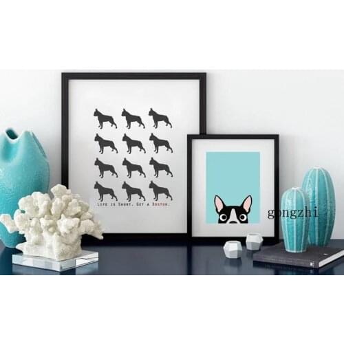 Cartoon Boston Terrier Dog Poster Black and White Canvas Painting Print Modern Puppy Pet Animal Wall Art Living Room Home Decor