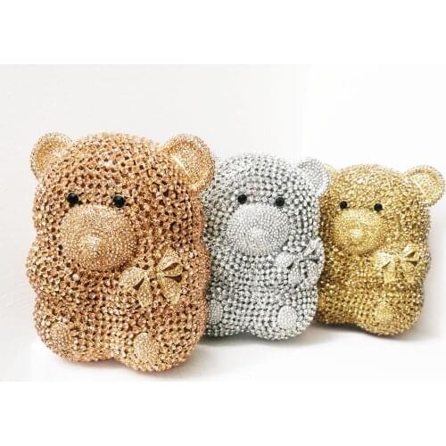 Lovely Bear Luxury Crystal Clutch Purse Gold Silver Animal Designer Evening Bag Women Wedding Party Handbags SC455