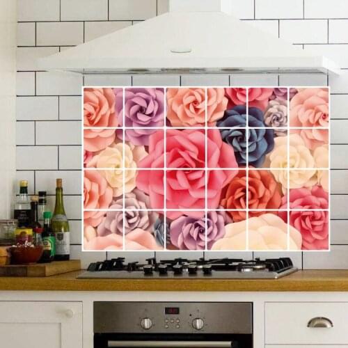 Rose Flowers Sea Wall Stickers Kitchen Smoke Exhaust Cabinet Stove Tile Decorations PVC Waterproof Oilproof Wallpapers Decor