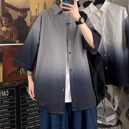 Spring Summer Shirt Mens Casual Short Sleeve Tops Thin Loose Coat Gradient Five-point Shirts Male Clothes Streetwear Tide Brand