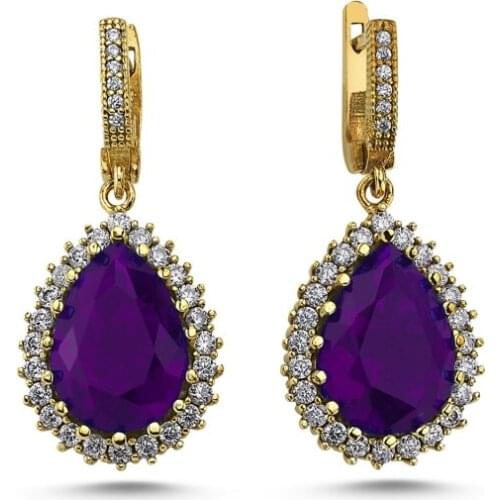 Silver 925 Sterling Drop Amethyst Zircon Cubic Zirconia Authentic Earrings