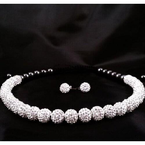Th3213+Gift Discount Disco Ball Bead 10mm White Clay crystal Necklace Earring Set
