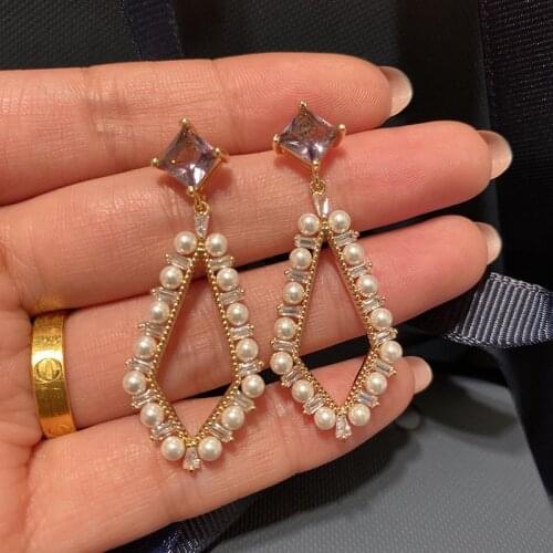 Pearl Rhombus Cubic Zircon Purple Crystal Long Tassel Dangle Earrings Fashion Simple Women Lady Gold Color Jewelry Couple Gifts