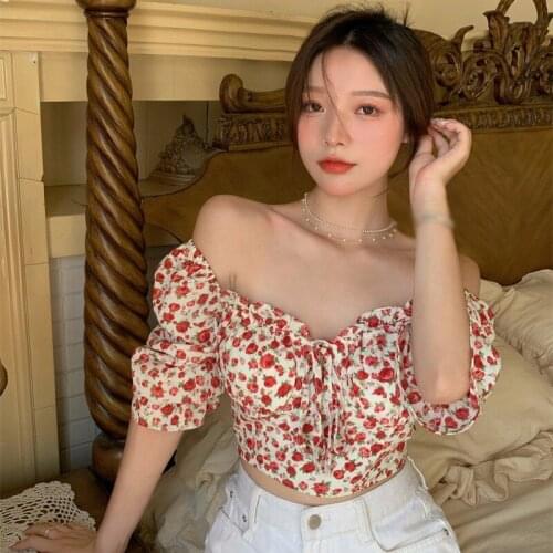 Women Blouses Chiffion Shirt Summer Floral Blouse Lace-up Square Neck Chiffon Shirt Short Sleeve Women Blouse Crop Top