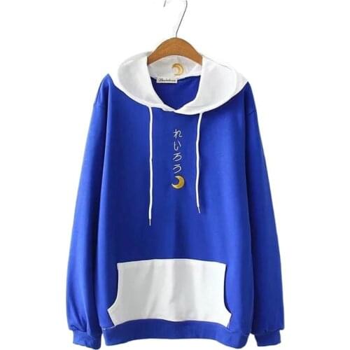 Womens Japan Style Moon Embroidery Hooded Sweatshirts Patchwork Hit Color Loose Student Harajuku Hoodie 2055009