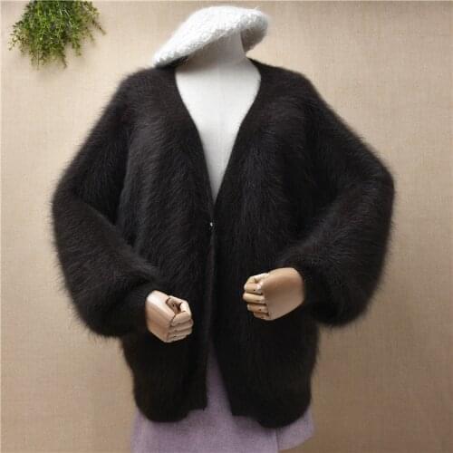 Wholesale top quality female women winter thick mink cashmere knitted v-neck loose batwing sleeves sweater cardigans jacket coat