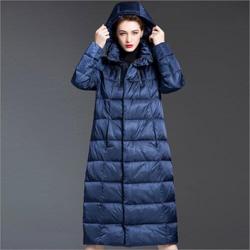 Female Mid-length thick down jacket women winter wear over the knee blue high waist coats large size hooded loose bread jackets