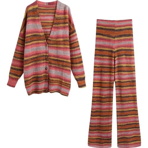 2021 New Autumn Women Vintage Two-Piece Set Stripe Loose V- Neck Cardigan Female Elastic High Waist Casual Knitted Pants Set