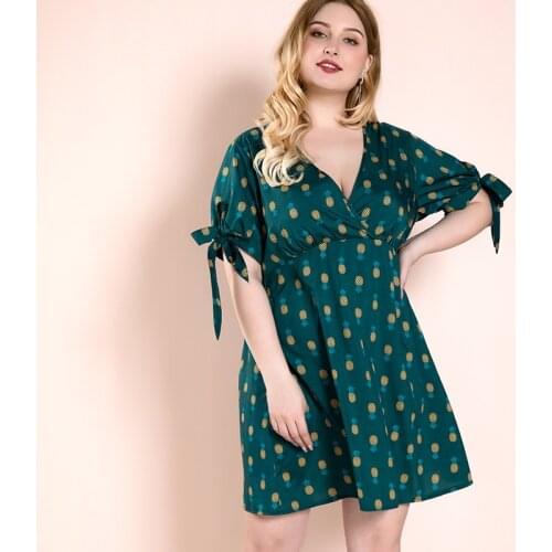 DOIB Green Plus Size Dress Pineapple Print Cross V Neck Large Size Dress 2020 Office Lady Vintage Bow Sleeve Dress