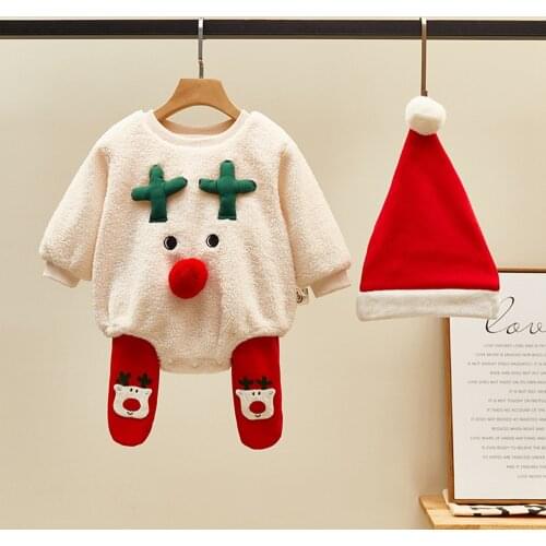 Winter Girls Ropmer Newborn Infants Baby Kids Children Deer Velvet Thicken Overalls+Leggings+Xmas Hat Christmas 3PCS Sets S11429