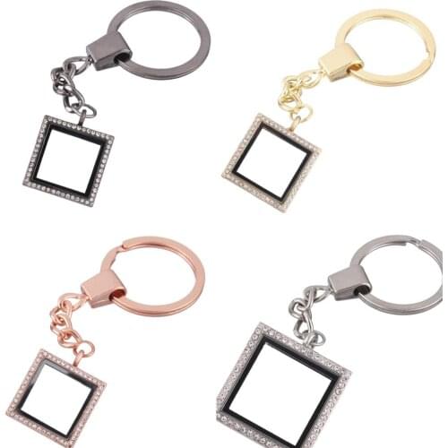 1pcs Square Zinc Alloy with Rhinestone Floating charms Locket Keychain DIY Magnetic twist living memory Glass locket Key ring
