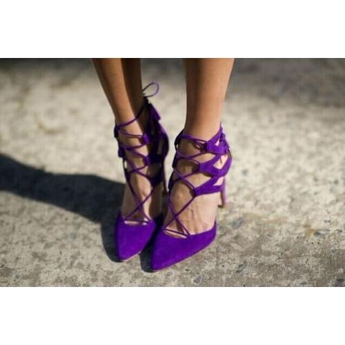 Black green purple high heel women summer sandals fashion pointed to lace-up sandals size 34 toe 42 cut-outs party dress shoes w