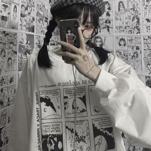 Harajuku Cartoon Print T-shirt 2021 New Long-sleeved T-shirt Women Student Korean Loose Japanese Cartoon Anime Spring Autumn Top