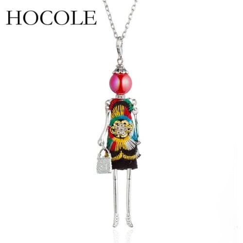 HOCOLE Cute Statement Flower Doll Necklace Dress Handmade French Doll Pendant 2018 New Alloy Girl Women Necklace Fashion Jewelry