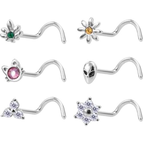 1PC 20g Surgical Steel Nose Stud Ring Nose Piercing for Women Cat Alien Flower Leaf CZ Inlaid Nose Screw Rings Body Jewelry Gift