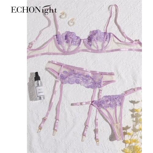 Echonight Hollow Out Underwear Women Erotic Lingerie Transparent Half Cup Bra Set Sexy Lace Brief Sets Lace Erotic Lingerie