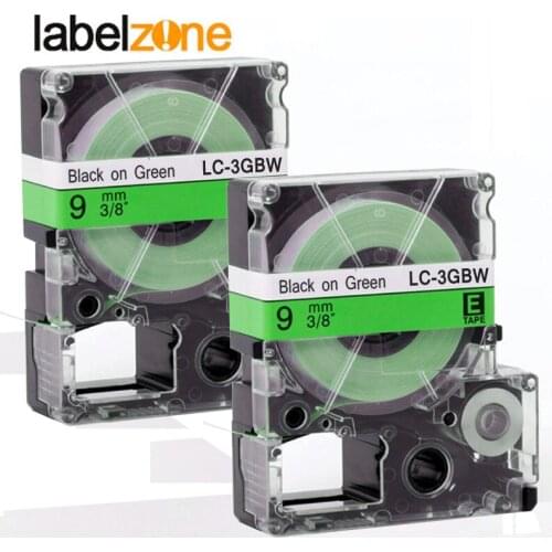 2Pcs 9mm Black on Green compatible Epson LC-3GBW/SC9GW label tapes strong adhesive laminated lc3gbw label ribbon for KingJim