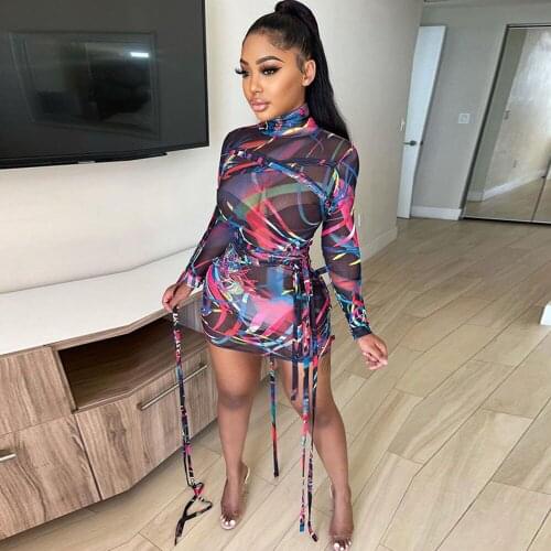 Ribbons Colorful Print Bodycon Mini Dresses for Women Club Party Night Sheer Mesh Skinny Long Sleeve Dress Vestidos De Fiesta
