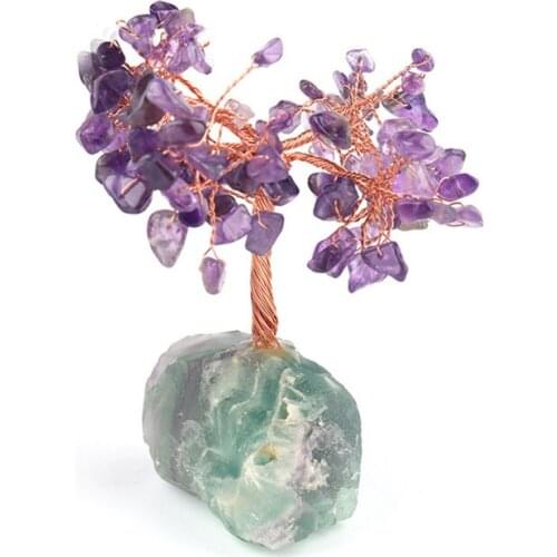 FYSL Copper Wire Wrap Tree of Life Irregular Shape Amethysts Crystal Pendant Fluorite Stone Plant Jewelry
