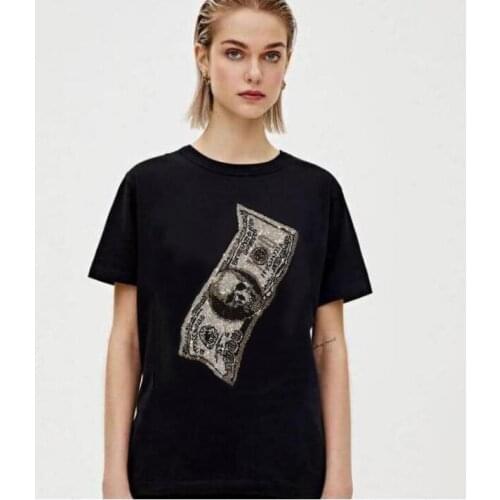Fashion designer Women T-Shirt Diamonds Short T Shirt black and white O-neck Tees cotton Tops Women