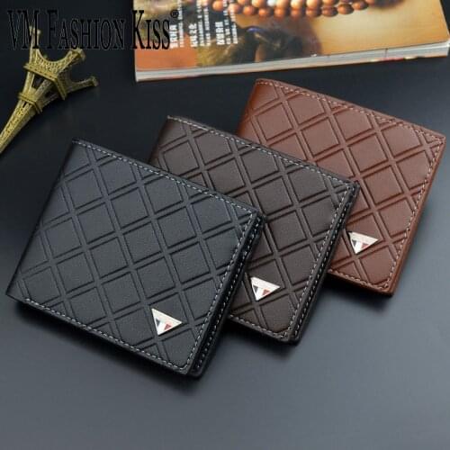 VM FASHION KISS Plaid PU Leather Men Wallets With Coin Pocket Fashion Male Purse Function Leather Men Short Wallet Card Holders
