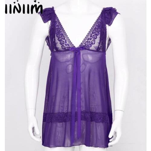 Mens Sissy Lingerie Mini Dress Up Costumes Ruffle Lace Shoulder Straps See-through Sheer Mesh Gay Male Babydolls Nightwear